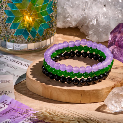 Bivei 3-Piece 8mm Beaded Bracelets for Women – Green Jade, Black Tourmaline, Purple Jade – Natural Crystal Handmade Stretch Jewelry for Meditation, Yoga & Protection Gifts