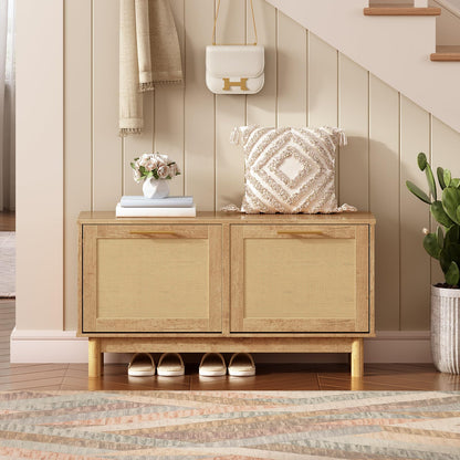 HOOBRO Shoe Storage Bench, Rattan Entryway Bench with 2 Flip Drawers, 39.4'' Hidden Shoe Cabinet with Adjustable Shelves, Comfort Seat Holds 300lb, Large Capacity Fits 8-12 Pairs, Natural NL51HX01