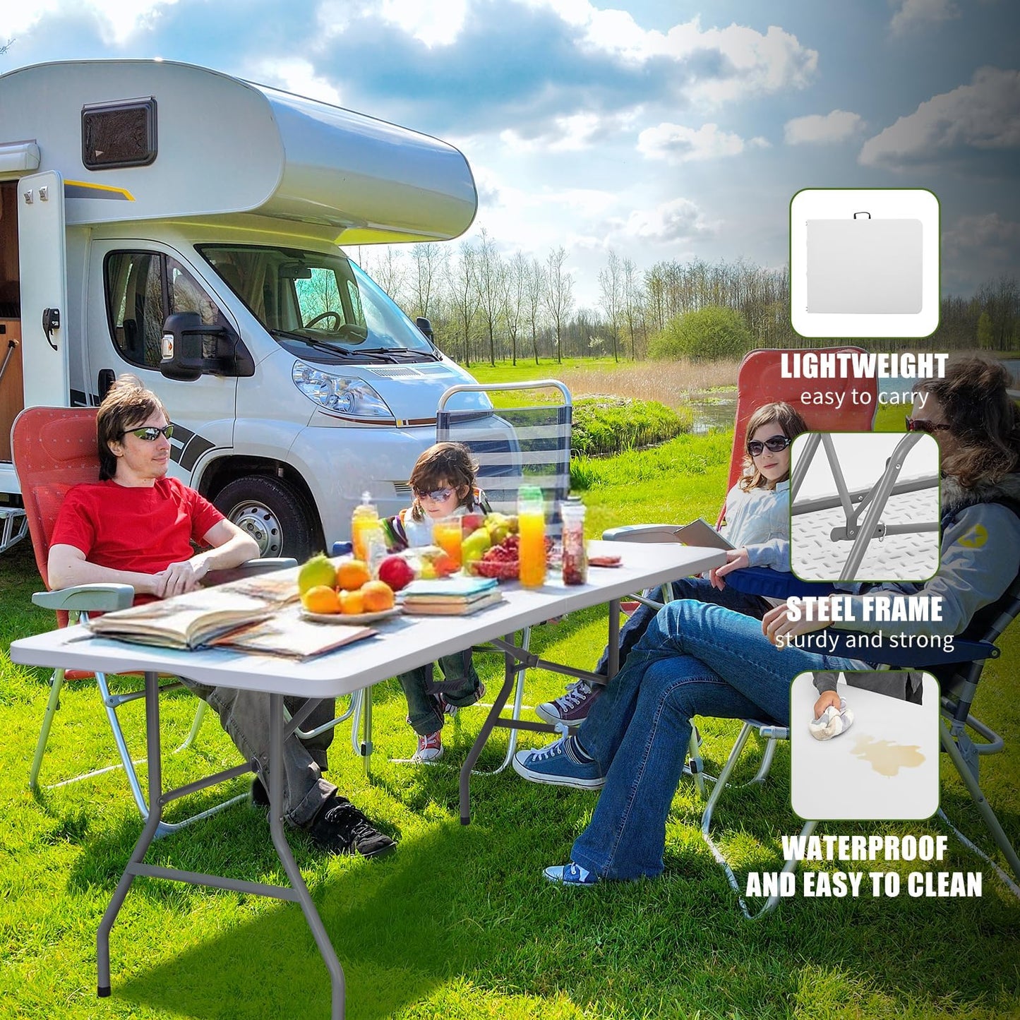 CHRONELLE 6FT Folding Camping Table Portable 350lbs, 6 Foot Folding Picnic Card Table for Outdoor, Plastic Rectangular Dining Work Tables for Indoor, Heavy Duty Fold-in-Half Tray Tables, 71x29 inch