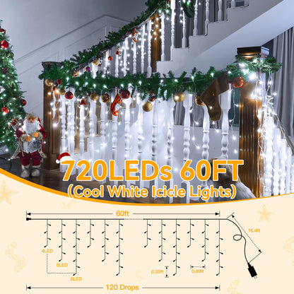 Ollny Icicle Lights 720LED 60FT, Cool White Christmas Lights with Remote 8 Modes Dimmable, Waterproof Connectable Timer Hanging Light for House Outdoor Outside Yard Indoor Decorations