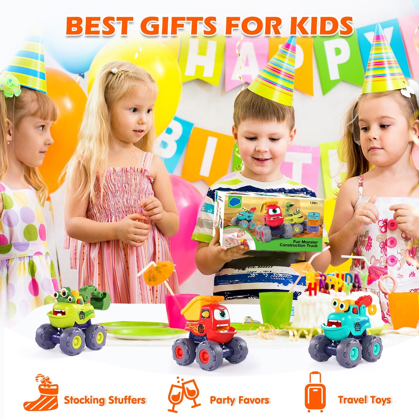 OCATO Monster Truck Toys for 1 2 3 Year Old Boy Birthday Gift, Construction Toys Pull Back Cars for Toddlers 1-3, Baby Boy Toys Toddler Kids 1st Birthday Gifts 1 2 3 Year Old Boy Toys