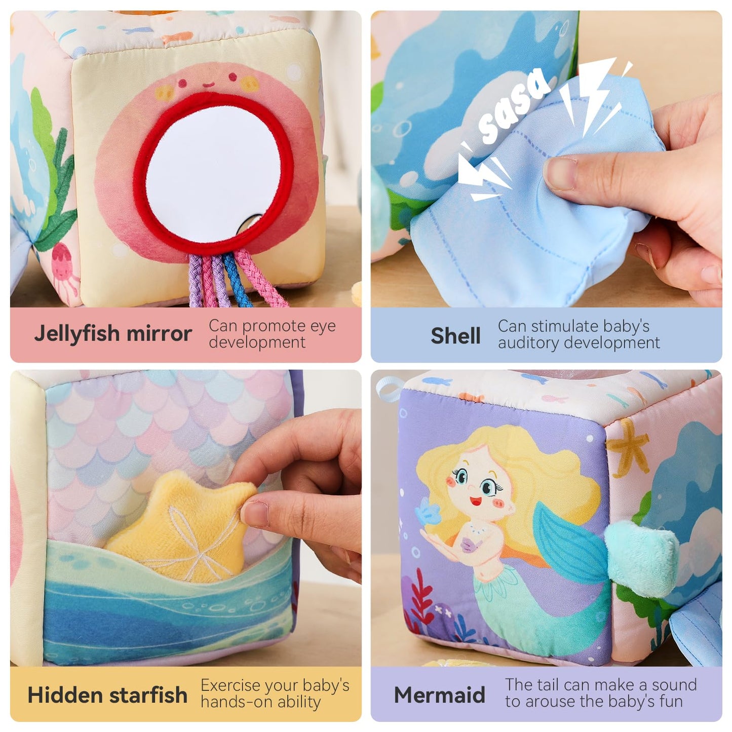 Youuys Baby Tissue Box Toy for Babies 6-12 Months - Montessori Sensory Busy Cube Toys with 3 Textured Balls & 12 Silky Scarves - Ideal Gift for Toddler Girls Ages 6 12 18 Months (Mermaid Theme)