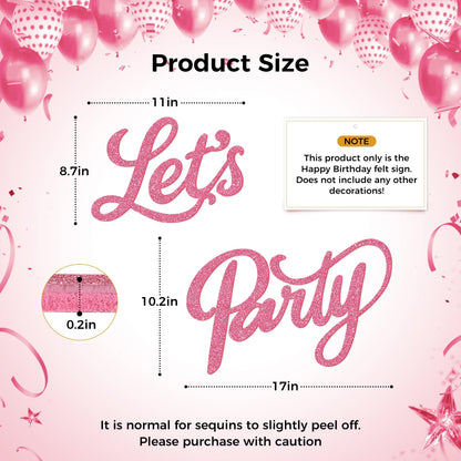 Babenest Let's Party Felt Sign, Flash Pink Reusable Glitter Letter Banner for Backdrop, Balloon Arch Decor, Party Supplies for Graduation, Birthday, Wedding, Bachelorette, Christmas, Home Bar, Man Cave Wall Decorations