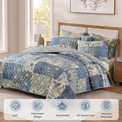 CASAAGUSTO Queen Quilt Set - 3 Pieces Patchwork Blue Quilt Bedding Set, Lightweight Queen Bedspread Coverlet, Reversible Floral Bed Cover for All Seasons (90"x94", 1 Quilt + 2 Pillow Shams)