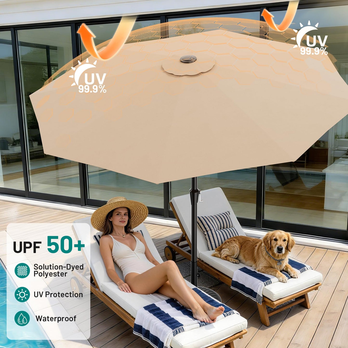 AreShark 10 FT Outdoor Patio Umbrella, Patio Table Umbrella with Push Button Tilt and Crank, Outdoor Patio Umbrellas with 8 Fiberglass Ribs, Patio Umbrellas for Market, Garden, Pool (Beige)