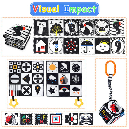 KUANGO 3 PCS Black and White High Contrast Baby Toys Newborn Toys 0-6 Months, Visual Stimulation Sensory Soft Book, Infant Tummy Time Toys 0-3-6 Months Baby Gifts