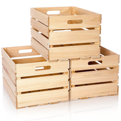 Weysat 3 Pack Large Wood Crates Box for Storage 16 x 12 x 9.5 Inches Unassembled Wooden Milk Crates with Handle Decorative Nesting Box for Winter Display Rustic DIY Office Home Retail Art Craft (Wood)