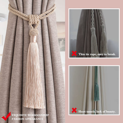 NICEEC 2 Pack Long Tassel Curtain Tiebacks Handmade Braided Rope Knot Drape Tie Backs European Style Decorative Curtain Holdbacks for Home & Office Window Drapery (Dark Beige)