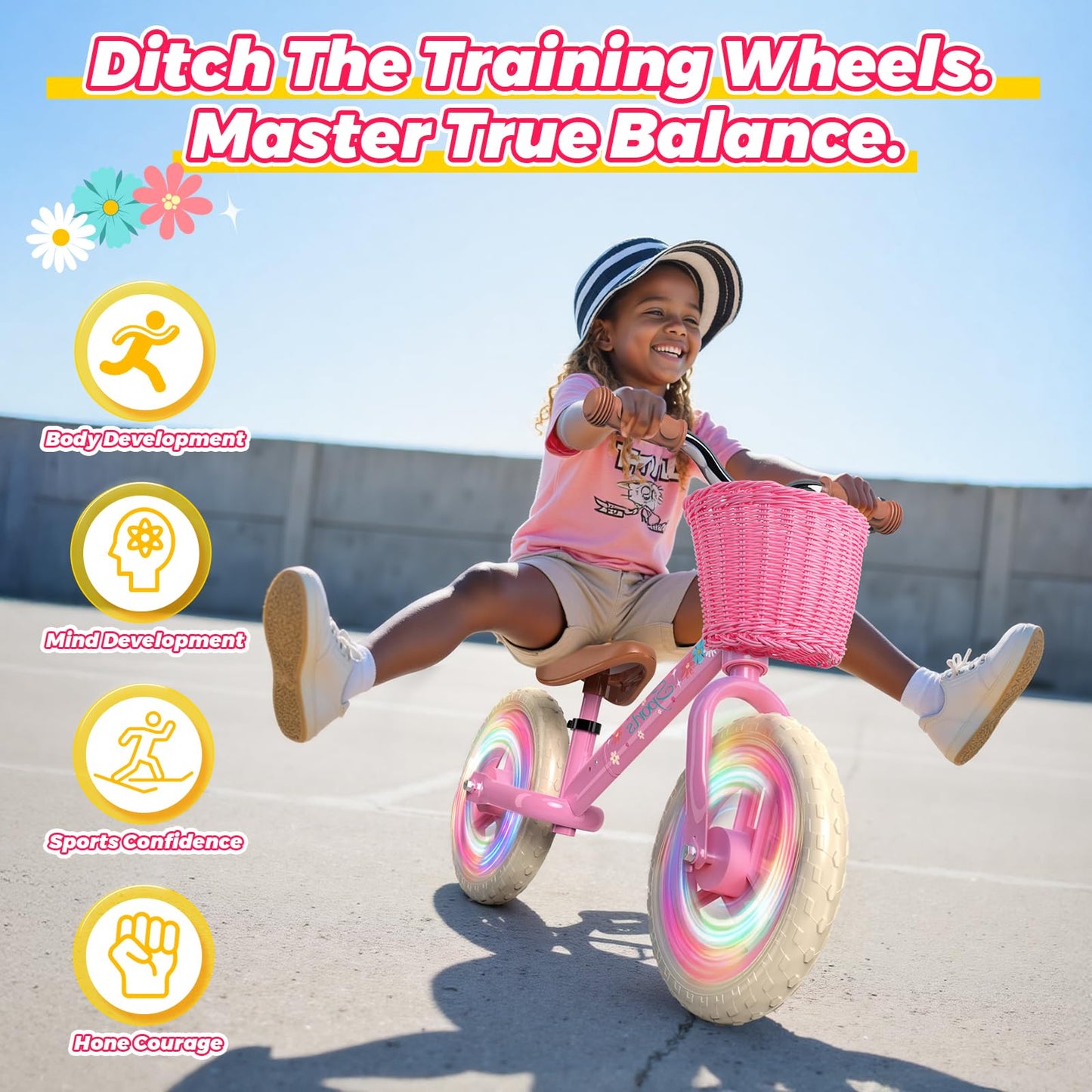 Adjustable Toddler Balance Bike for 2-5 Years Old,Kids Balance Bike with Basket,Kids Bicycle for 2 3 4 5 Years Old Girl Birthday Christmas Toy Gift,Soft Seat & Handlebar,Puncture-Proof LED Tire,Pink