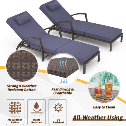 Set of 2 Chaise Lounge Chairs Outdoor, PE Rattan Wicker Poolside Recliners with 5-Position Adjustable Backrest, Blue Cushions, Armrests and Wheels, Patio and Garden Furniture for Beach and Backyard