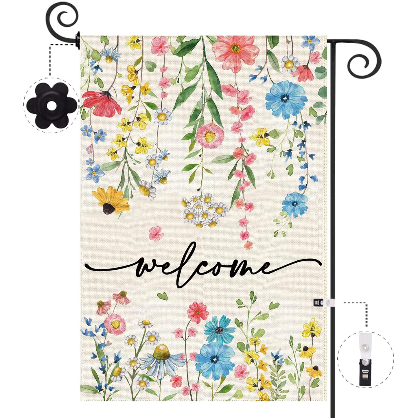 Baccessor Spring Welcome Floral Garden Flag 12.5x18 Inch Double Sided Summer Flower Yard Flag Outside Outdoor Seasonal Burlap Funny Flowers Flags Home Patio Decoration