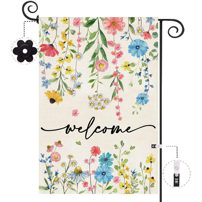 Baccessor Spring Welcome Floral Garden Flag 12.5x18 Inch Double Sided Summer Flower Yard Flag Outside Outdoor Seasonal Burlap Funny Flowers Flags Home Patio Decoration