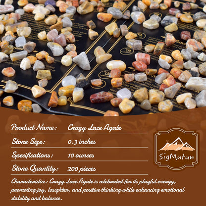 SigMntun Polished Crazy Lace Agate Crystal Chips 200 Pcs - 0.3" 10 oz Tumbled Stone Chips Crushed Sea Glass Stones Healing Reiki Crystal Making Home Decoration