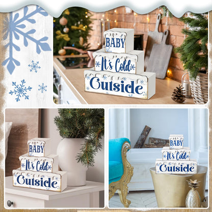 Huquary 3 Pcs Winter Let It Snow Tiered Tray Decor Table Sign Winter Theme Wood Decorations Centerpiece Decor for Party Gift Desk(Snow Style)