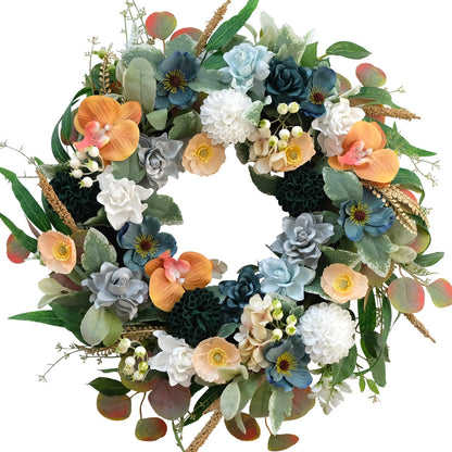 Bibelot 22 Inch Spring/Summer Floral Wreaths for Front Door,Artificial Valentines Day Wreath with Roses Dahlias Gardenias phalaenopsis for Home Wall Window Wedding Party Festival Decor