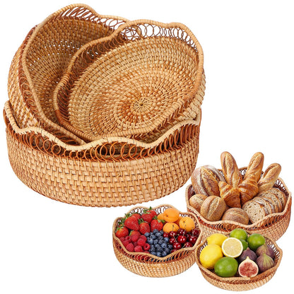 Teecyhooo Set of 3 Rattan Bread Basket for Serving Wicker Bread Basket Woven Round Fruit Serving Bowl Natural Handmade Food Storage Bowl Wavy Edge Tray Boho Decorative Tray for Kitchen Counter Decor