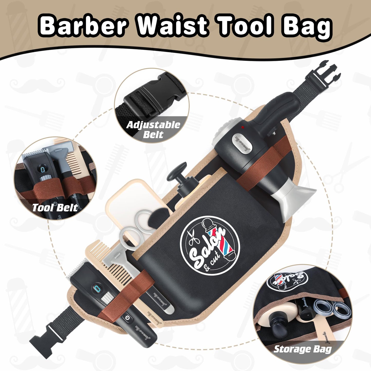Kids Barber Shop Toy Set with Tool Belt, Realistic Haircut Kit for Boys 3+ with Light & Sound Dryer, Pretend Play Shaving Kit with Storage Box, Professional Stylist Role Play Gift, 10+ Pcs
