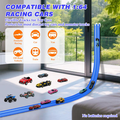 Flexible Car Track for Kids: 15 Ft of Portable Roll-Up DIY Flexible Race Track with 8 Cars & 4 Strong Suction Cups Car Ramp Toy Track, – A Great Birthday for Boys & Girls Ages 3+ (Blue)