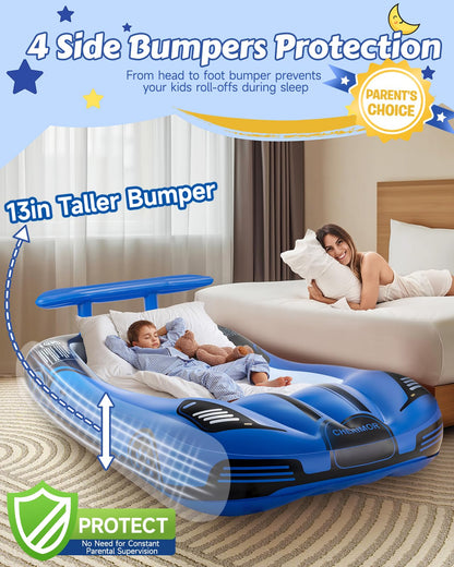 CHERIMOR Inflatable Toddler Travel Bed with Safety Bumpers & 2 Mins Auto Inflation Pump, Portable Toddler Kids Air Mattress with Carry Bag for Home Grandma's Sleepovers Travel Camping, 330lbs Support