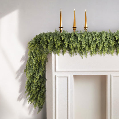 2 Pcs 9ft Christmas Cedar Garland with Soft Thickness Pine, Artificial Green Faux Cedar Pine Garland for Mantle Fireplace Indoor Outdoor Holiday Party Home Decoration