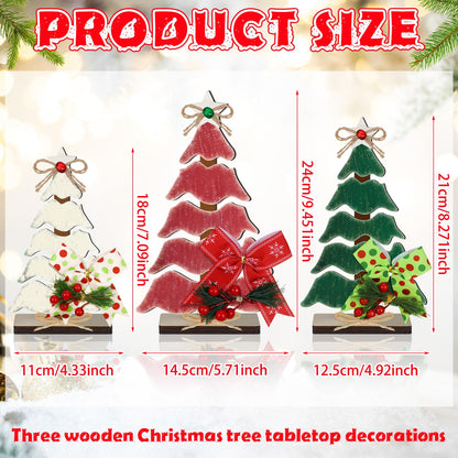 CroBlissful 3 Pcs Wooden Christmas Tree Tabletop Decorations Christmas Centerpieces for Table Rustic Xmas Tiered Tray Decor Table Sign with Hemp Rope Bow Bell for Holiday Party(Classic)