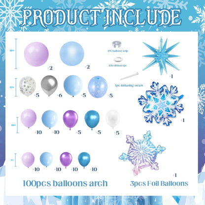103pcs Winter Wonderland Balloon Garland Arch Kit with Giant 3D Ice Crystal Star & Gradient Snowflake Foils, 18/12/10/5 Inch Metallic Blue Purple Silver Printed Latex for Girls Ice Princess Birthday