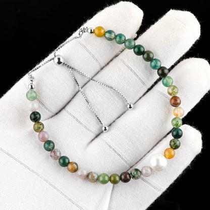 CRYSTALIS Natural Moss Agate Beads Slider Bracelet with Elegant Pearl, High Grade Beaded Crystals, Chakra Healing Gemstone, Gift Giving Women Jewelry, 925 Sterling Silver Slider 10 inch
