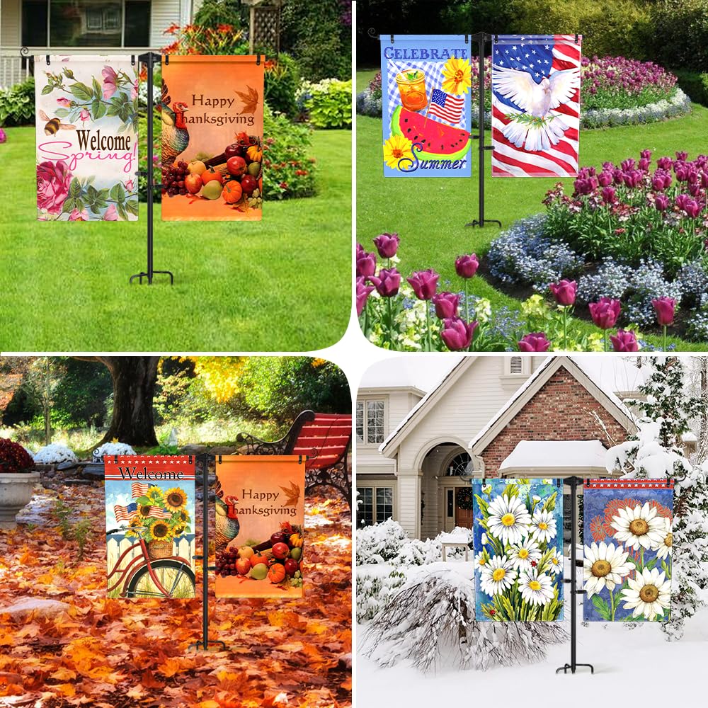 SCWN Garden Flag Stand Holder w/4-Prong Base, 3/4 Inch Extra Thick Heavy Duty Yard Flag Holder for Double Small Flags 12x18, Garden Flag Pole for Outside Patio Decor