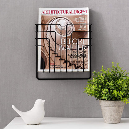 MyGift Modern Design Black Metal Wire Wall Mounted Magazine and File Folder Holder Organizer Rack
