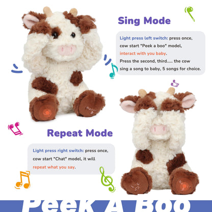 Hopearl Peek A Boo Cow Interactive Repeats What You Say Plush Diary Cattle Toy Musical Singing Talking Stuffed Animal Adorable Electric Animate Gift for Toddlers, Brown, 11''