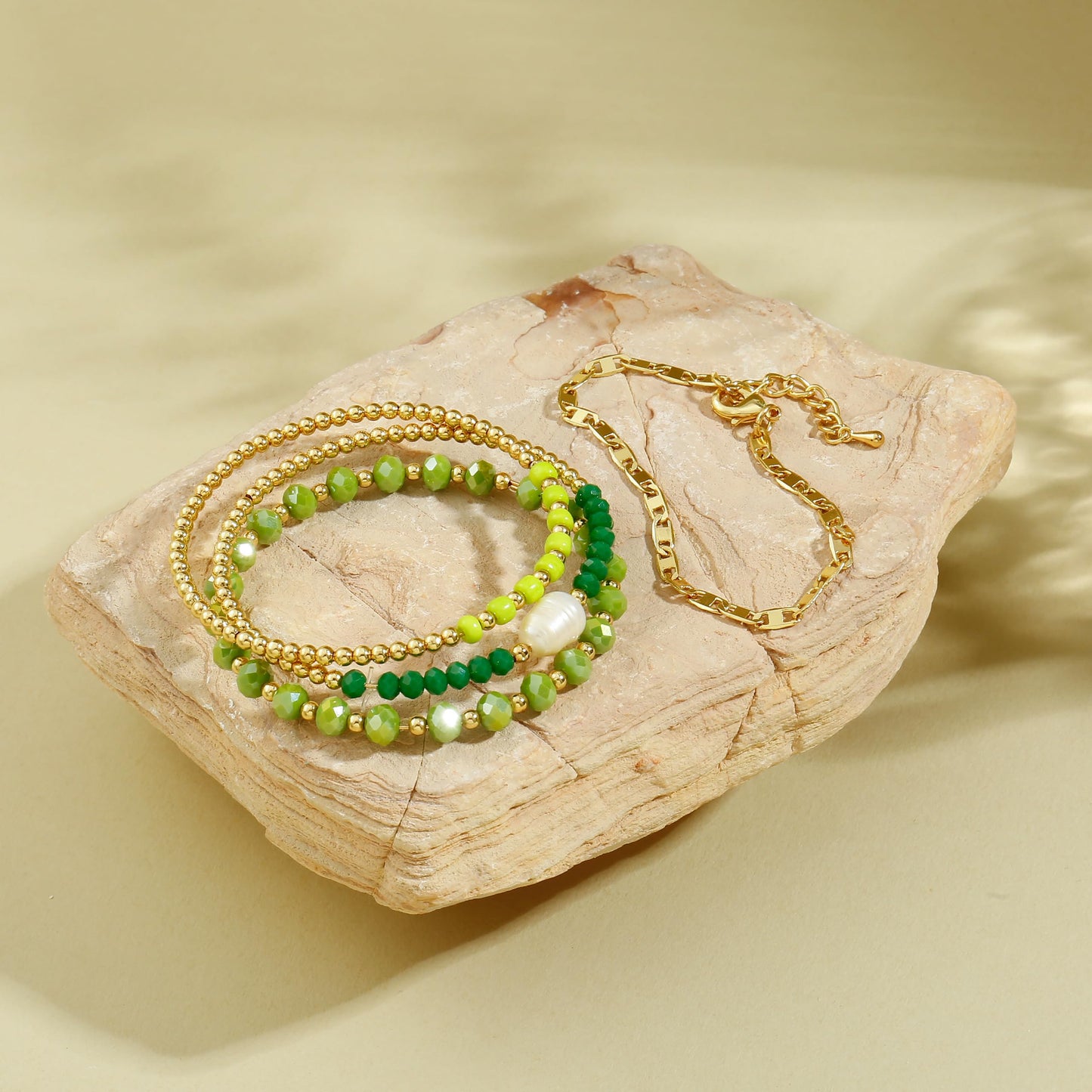 Gold Bracelets for Women Green Crystal Multiple Layered Stackable Wrap Beaded Bangle Set Coffee Bean Chain Trendy Jewelry