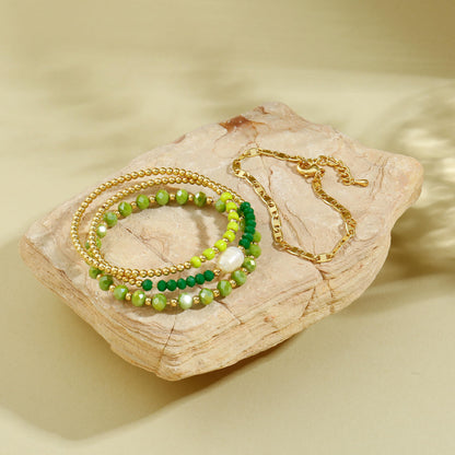 Gold Bracelets for Women Green Crystal Multiple Layered Stackable Wrap Beaded Bangle Set Coffee Bean Chain Trendy Jewelry