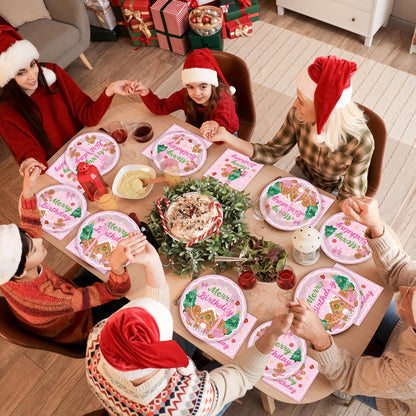 96 Pcs Gingerbread Birthday Party Plates Napkins Tableware Set Pink Christmas Party Supplies Disposable Dinnerware Merry Birthday Decoration Favors for Winter Xmas Baby Shower Holiday, 24 Guests