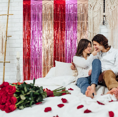 LOLStar 3 Pack Valentines Day Party Decorations 3.3X6.6 ft Photo Booth Props Red Pink Champagne Gold Valentine's Day Decors Foil Fringe Curtains Backdrop Streamers for Wedding Birthday Engagement