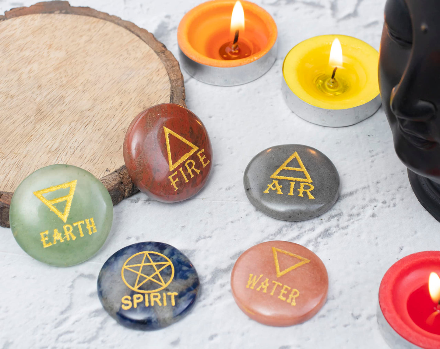 Crocon 5 Elements Assorted Stones Round Shape Engraved Triangle Symbols (Earth Air Fire Water Spirit) Polished Palm Stones for Gemstone Reiki Crystals Healing Stones Meditation Divination Gifts
