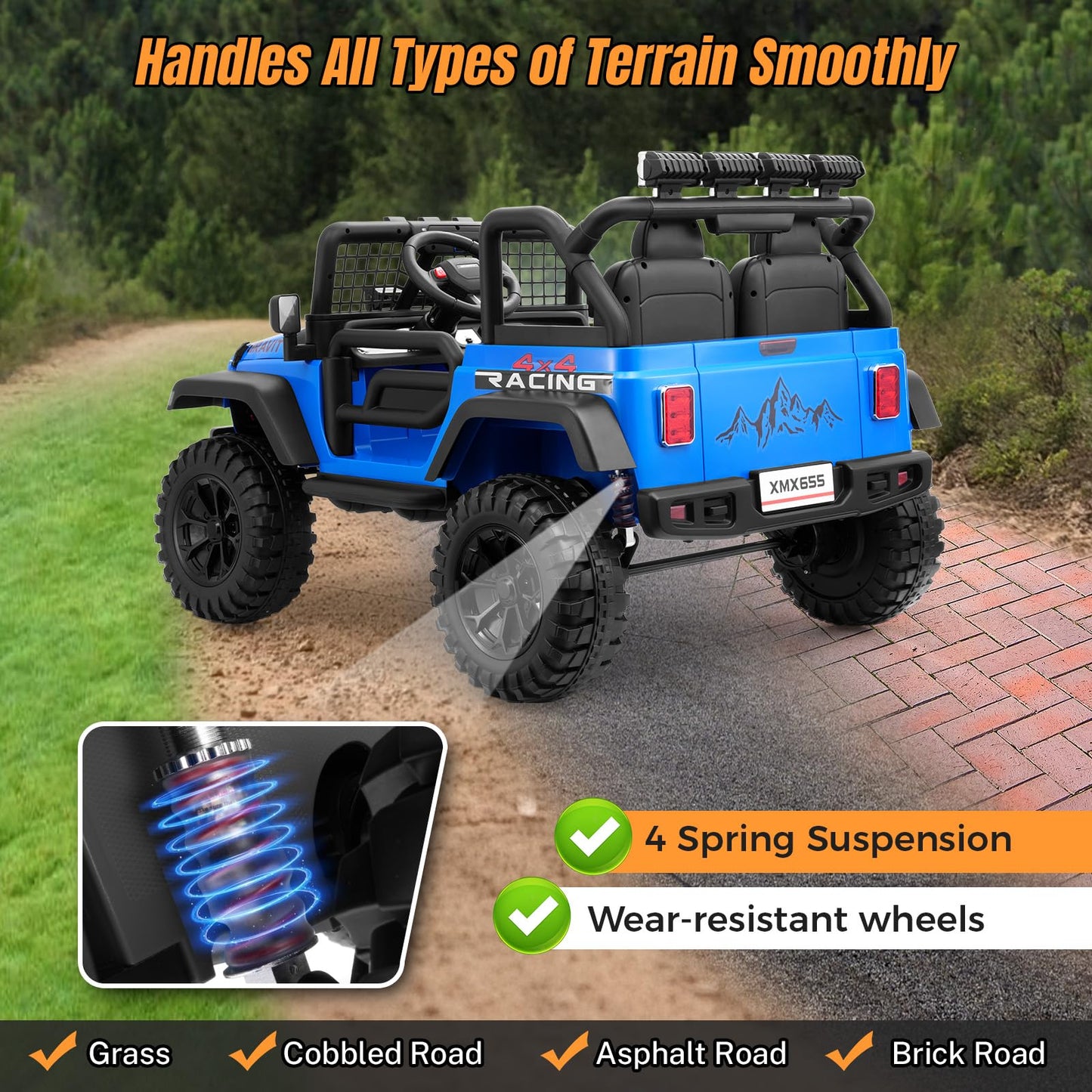 Hikole 24V 2 Seater Ride On Car for Kids with Remote Control, 4X4 400W XL Power Truck Wheels with 20" Wide Seat, Soft Start, 3 Speeds, Music, Bluetooth, 24 Volt Ride On Toys for Girls Boys 3-8, Blue