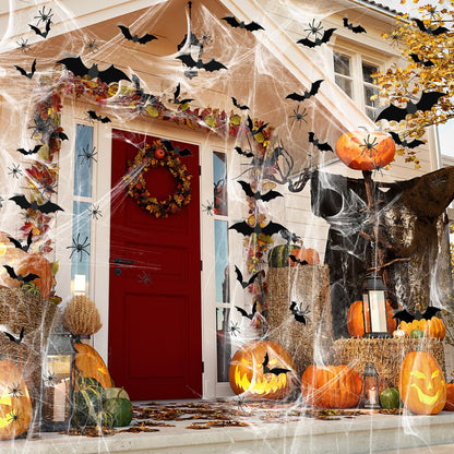 Famoby 1200 sqft Halloween Spider Webs and 120pcs Fake Bats and 50pcs Fake Spiders Super Stretch Cobwebs Party Decorate for Halloween Theme Indoor and Outdoor Decoration
