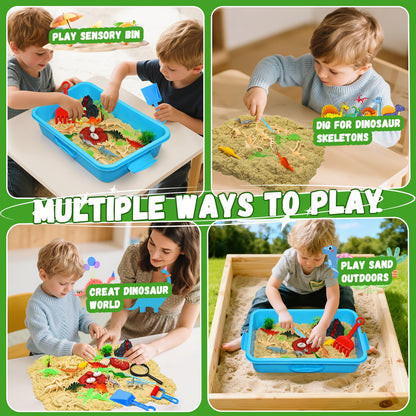 Pakimio Dinosaur Sensory Bin with Lid, 2.64lbs Magic Sand, Dino Figures, Skeletons & Archaeology Tools, Sensory Sand Kit Dinosaur Toys for Kids 3 4 5 6 7+ Year Old Boy Toddler Birthday Gift Christmas