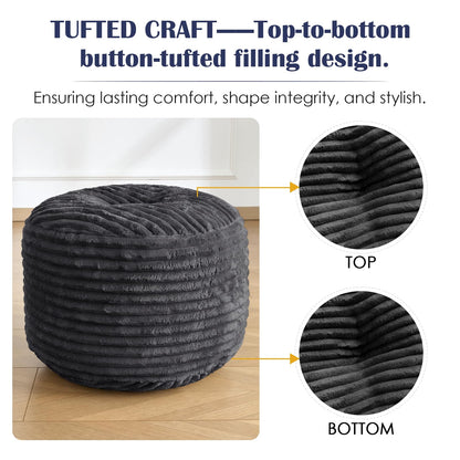 SHOUREN Stuffed Round Pouf Ottoman,Corduroy Foot Rest with Shredded Foam Filling, Lightweight and Fluffy Pouf Storage Ottoman for Living Room,Floor Poufs for Couch,20"x15", Dark Grey