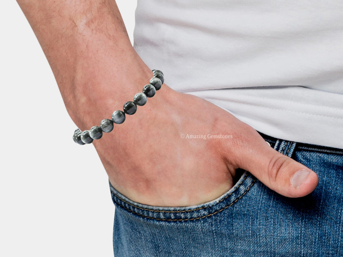 Amazing Gemstone Grey Cats Eye Bracelet, Gifts For Men & Women - Protection Healing Crystal Bracelet - 8mm Gemstone Beaded Adjustable Bracelet, Pulseras Para Hombres Mujer Stocking Stuffers