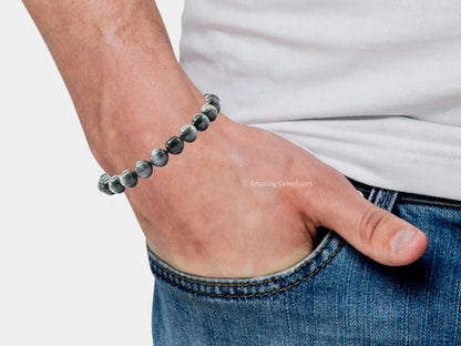 Amazing Gemstone Grey Cats Eye Bracelet, Gifts For Men & Women - Protection Healing Crystal Bracelet - 8mm Gemstone Beaded Adjustable Bracelet, Pulseras Para Hombres Mujer Stocking Stuffers
