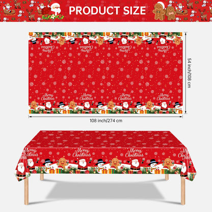 2 Pcs Christmas Tablecloth - Plastic Merry Christmas Table Cloth, Red Disposable Rectangle Cute Santa Claus Snowman Xmas Table Cover for Christma Party Decorations Favors Tables Decor, 108 x 54 Inch