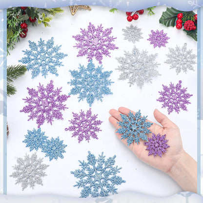 Sumind 48 Pieces Winter Snowflake Ornaments 3 Sized 2, 3, 4 Inches Plastic Glittered Snowflakes Hanging Tree Decoration Winter Window Ornament Birthday Party Supply(Silver, Blue, Purple)