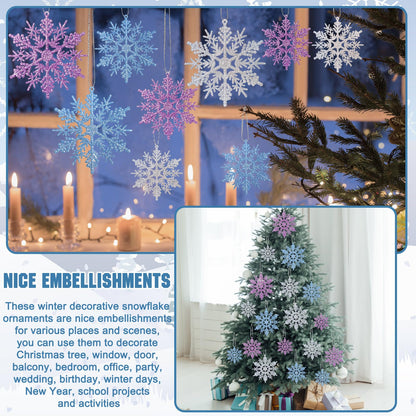 Sumind 48 Pieces Winter Snowflake Ornaments 3 Sized 2, 3, 4 Inches Plastic Glittered Snowflakes Hanging Tree Decoration Winter Window Ornament Birthday Party Supply(Silver, Blue, Purple)