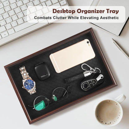 Zosenley Wooden Valet Tray with Leather Base - Nightstand Catchall Organizer for Cologne, Perfume, Keys, Wallet, Phone, Watch, Jewelry & Sunglasses (Black)