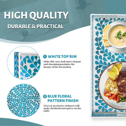 MAONAME Blue Decorative Tray, Plastic Serving Tray with Handles, Leaf Pattern Sticker Trays, Rectangular Trays for Living Room, 15.7" X 10.2" X 1.57"