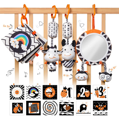 TUMAMA Black and White Baby Toys, High Contrast Tummy Time, Newborn Soft Books Mirror Rattles, Montessori Sensory 0-12 Months, Hanging Infant for Carseat Stroller Play Mat Crib