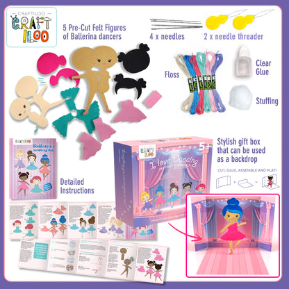CRAFTILOO Ballerina Dancers Sewing Kit for Kids, Fun and Educational Craft Set for Boys and Girls Age 5-12, Sew Your Own Felt Ballerina Craft Kit for Beginners