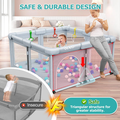 OCATO Baby Playpen: Foldable Playpen for Babies and Toddlers Large Play Pen Portable Playpen Fence Indoor Outdoor Kids Safety Area Travel Play Yard with 1 Storage Bag 4 Handlers 50 Balls (50" × 50")