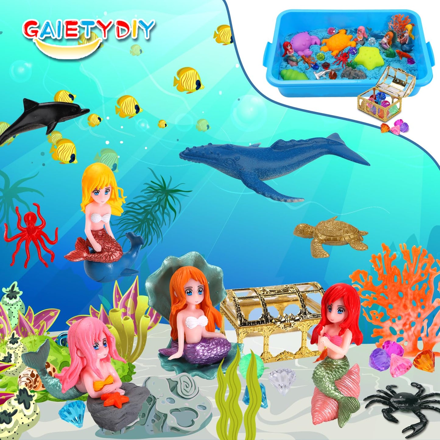 GAIETYDIY Mermaid Sensory Bin for Girl, Magic Sand Art Kit with LED Light, 2.2lbs Sensory Sand, Ocean Sea Animals, Sand Box with lid, Mermaid Toy Christmas Birthday Gift for Girls Ages 3 4 5 6 7 8…